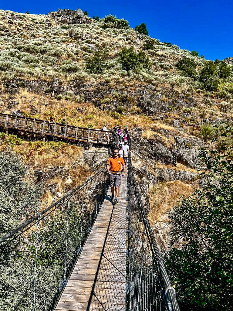 Person on a Mondego Walkways suspension bridge