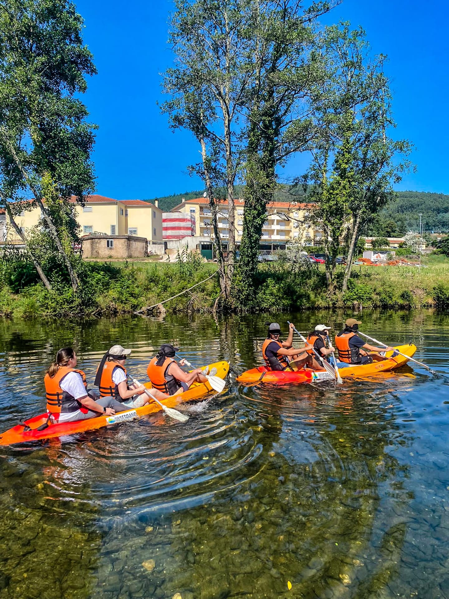 Canoe team beside the wooded Ceira bank in Góis